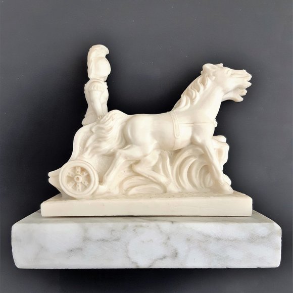 VTG Alabaster Marble Statue Figurine Roman Warrior Chariot Horse Italy Signed - Picture 2 of 12
